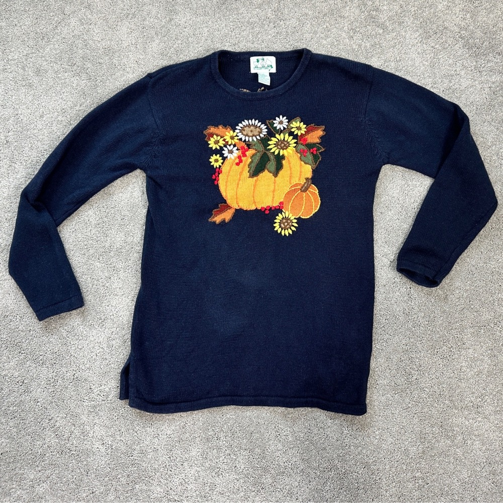 The Quacker Factory Pumpkin Sweater Womens Small Navy Blue Good